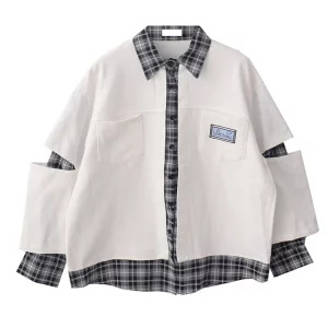 Y2K Grunge Overshirt Jacket: Plaid Patchwork Streetwear Tide with Hip-Pop Design