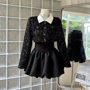 Y2K Grunge Party Outfit: 2-Piece Set with Long Sleeve Ball Gown Dress and Sequin Crop