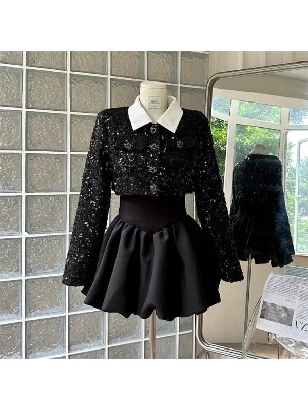 Y2K Grunge Party Outfit: 2-Piece Set with Long Sleeve Ball Gown Dress and Sequin Crop