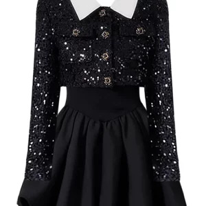 Y2K Grunge Party Outfit: 2-Piece Set with Long Sleeve Ball Gown Dress and Sequin Crop