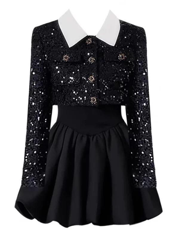 Y2K Grunge Party Outfit: 2-Piece Set with Long Sleeve Ball Gown Dress and Sequin Crop