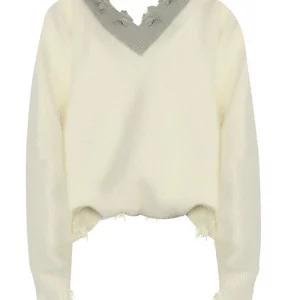 Y2K Grunge Retro Slash Neck Ripped Jumper - Long Sleeve Contrast Color Pullover Sweater