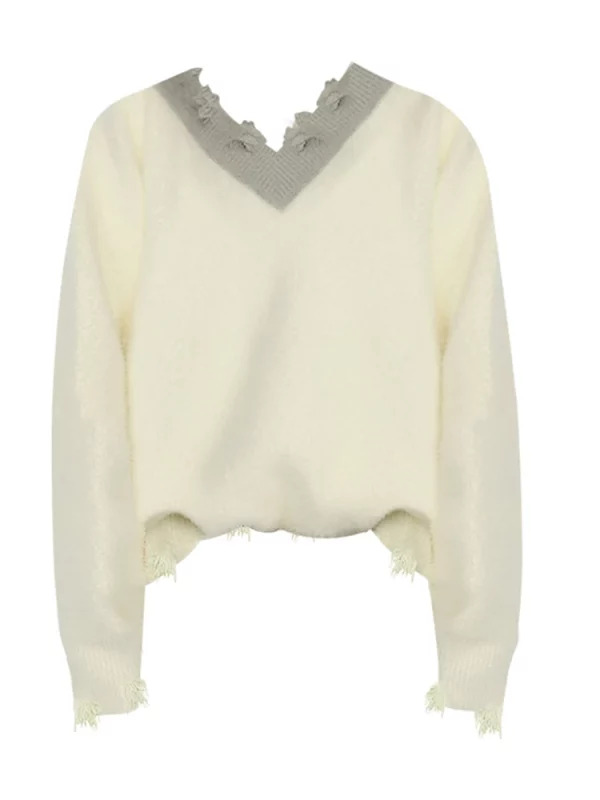 Y2K Grunge Retro Slash Neck Ripped Jumper - Long Sleeve Contrast Color Pullover Sweater