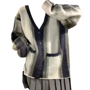 Y2K Grunge Striped Cardigan: Vintage French Fashion for Women