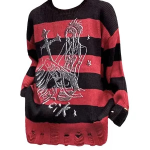 Y2K Grunge Striped Pullover Sweater - Harajuku Fashion Hollow Out Knitwear