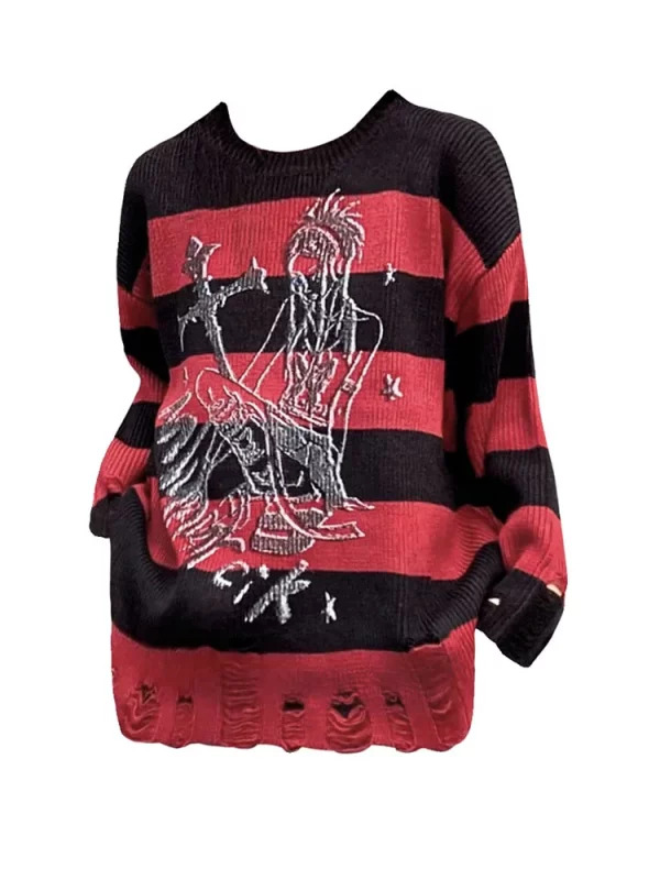 Y2K Grunge Striped Pullover Sweater - Harajuku Fashion Hollow Out Knitwear