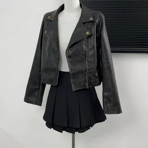 Y2K Grunge Style Cropped Faux Leather Jacket - Vintage Aesthetic Outwear