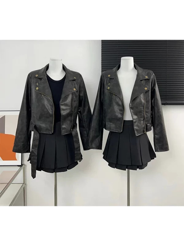 Y2K Grunge Style Cropped Faux Leather Jacket - Vintage Aesthetic Outwear