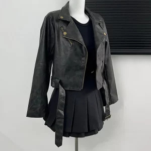 Y2K Grunge Style Cropped Faux Leather Jacket - Vintage Aesthetic Outwear