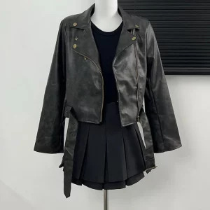 Y2K Grunge Style Cropped Faux Leather Jacket - Vintage Aesthetic Outwear