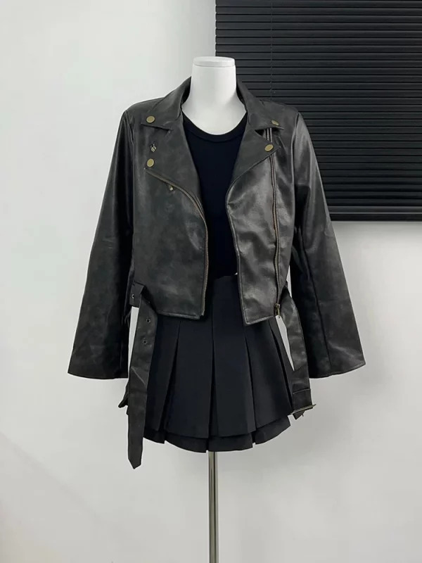 Y2K Grunge Style Cropped Faux Leather Jacket - Vintage Aesthetic Outwear