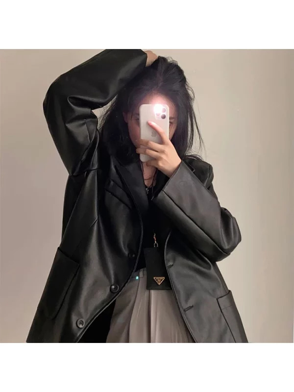 Y2K Grunge Style Faux Leather Jacket - Vintage Inspired Outerwear for Women