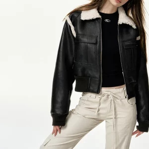 Y2K Grunge Style Faux Leather Racer Jacket - Vintage Patchwork Cropped Coat