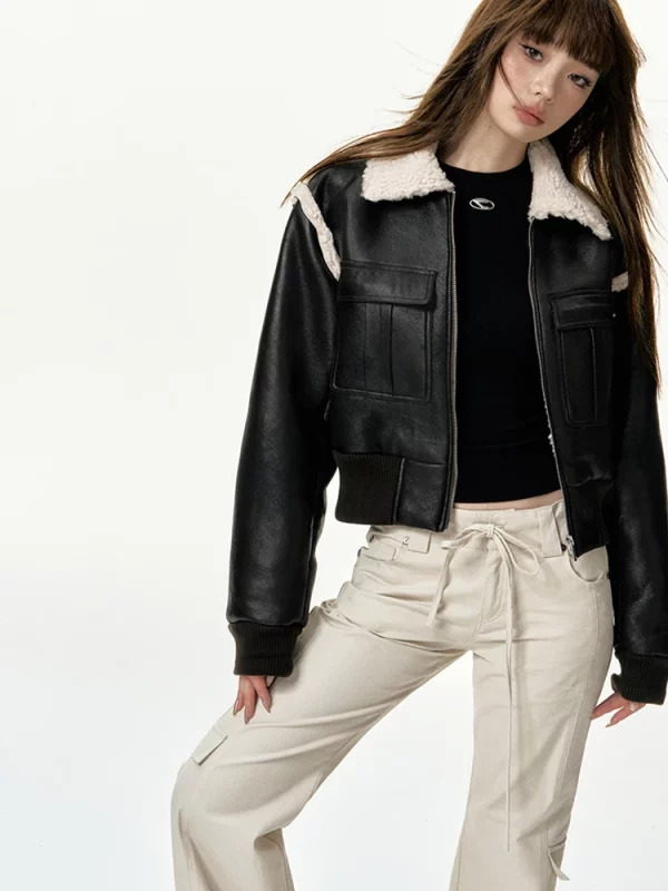 Y2K Grunge Style Faux Leather Racer Jacket - Vintage Patchwork Cropped Coat