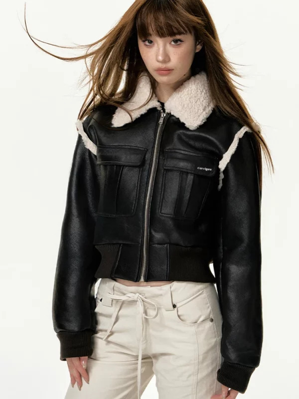 Y2K Grunge Style Faux Leather Racer Jacket - Vintage Patchwork Cropped Coat