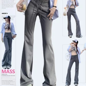 Y2K Grunge Style Flare Long Trousers - Elastic Waist Bell Bottom Pants