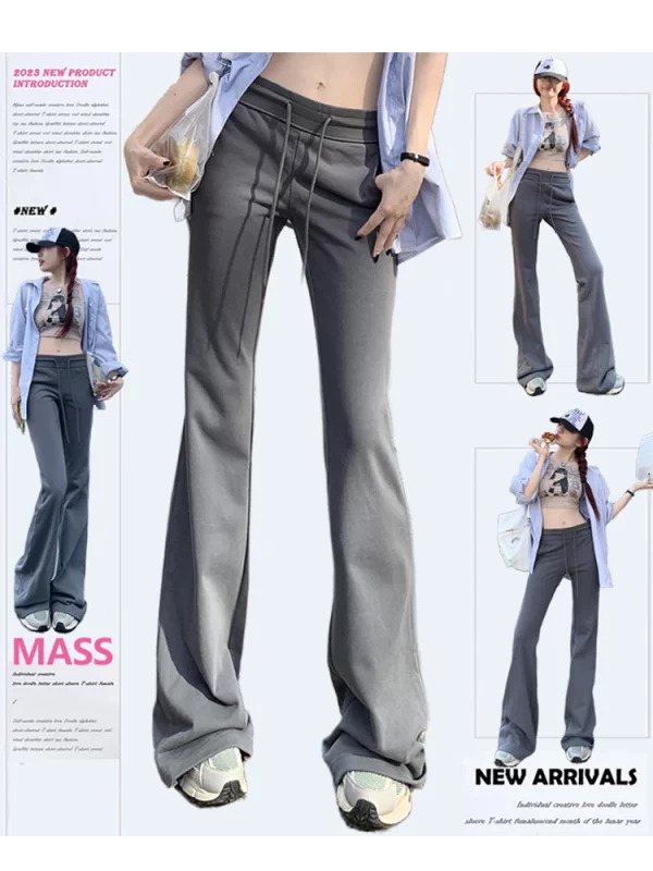 Y2K Grunge Style Flare Long Trousers - Elastic Waist Bell Bottom Pants