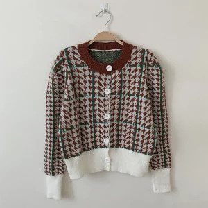 Y2K Grunge Style Houndstooth Cardigan - Vintage O-Neck Knitwear