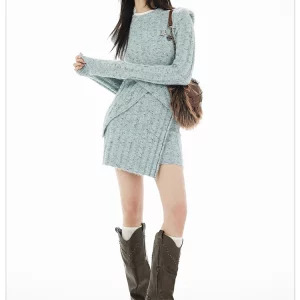 Y2K Grunge Style Knit 2-Piece Set: Long Sleeve Jumper + Mini Skirt