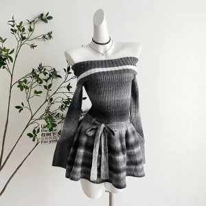 Y2K Grunge Style Knit Mini Dress - Vintage Inspired Evening Party Outfit