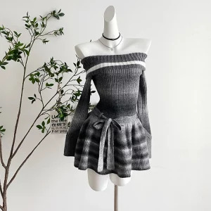 Y2K Grunge Style Knit Mini Dress - Vintage Inspired Evening Party Outfit