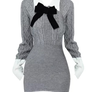 Y2K Grunge Style Mini Knit Evening Dress - Long Sleeve Gothic Party Outfit