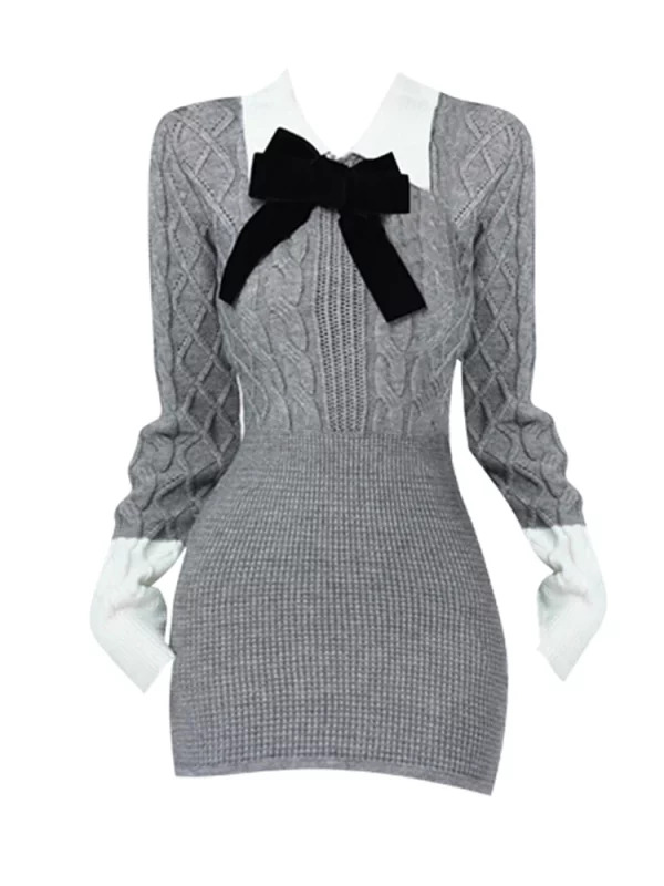 Y2K Grunge Style Mini Knit Evening Dress - Long Sleeve Gothic Party Outfit