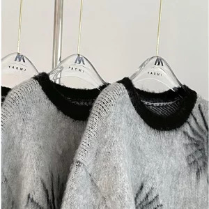 Y2K Grunge Style Mohair Jumper with Contrast Color - Oversized O-Neck Sweater for Women