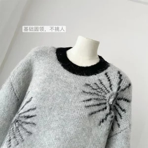 Y2K Grunge Style Mohair Jumper with Contrast Color - Oversized O-Neck Sweater for Women