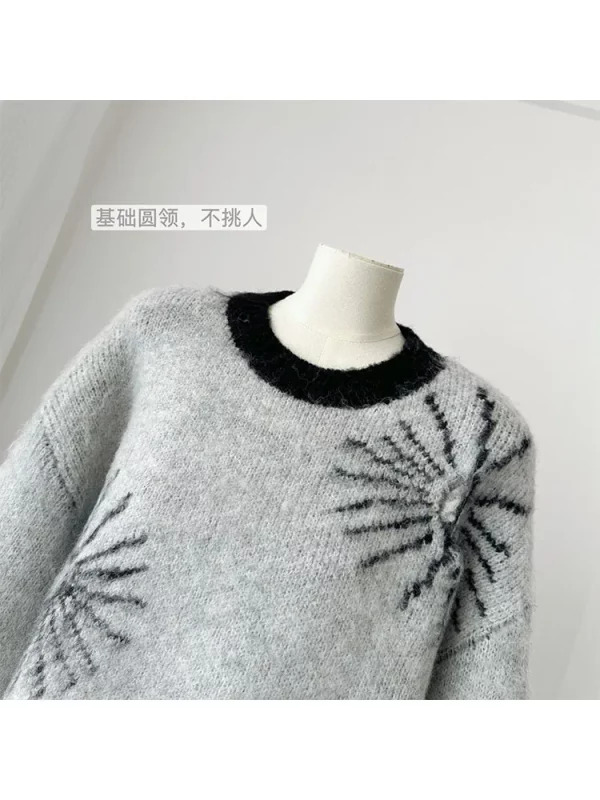 Y2K Grunge Style Mohair Jumper with Contrast Color - Oversized O-Neck Sweater for Women