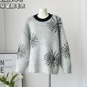 Y2K Grunge Style Mohair Jumper with Contrast Color - Oversized O-Neck Sweater for Women