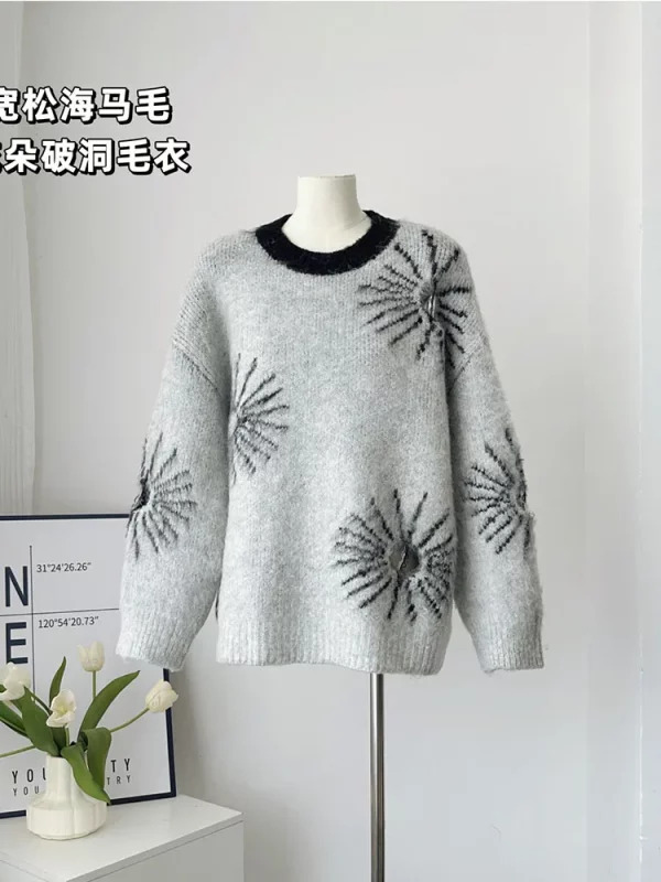 Y2K Grunge Style Mohair Jumper with Contrast Color - Oversized O-Neck Sweater for Women