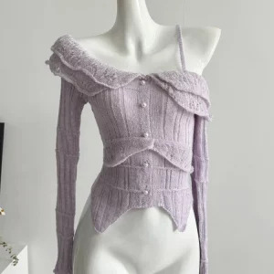 Y2K Grunge Style Off-Shoulder Sweater - Vintage French Design for Women