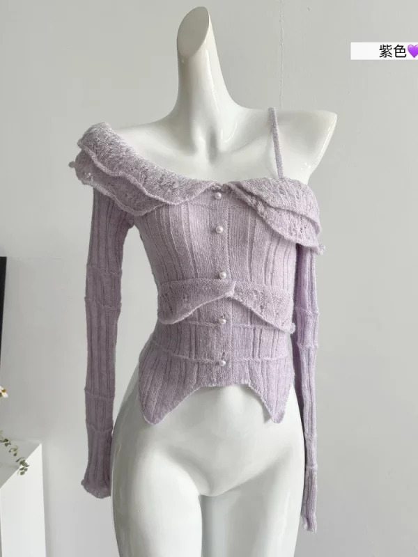 Y2K Grunge Style Off-Shoulder Sweater - Vintage French Design for Women