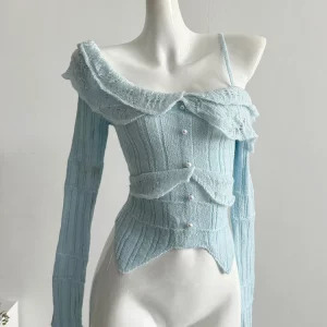 Y2K Grunge Style Off-Shoulder Sweater - Vintage French Design for Women