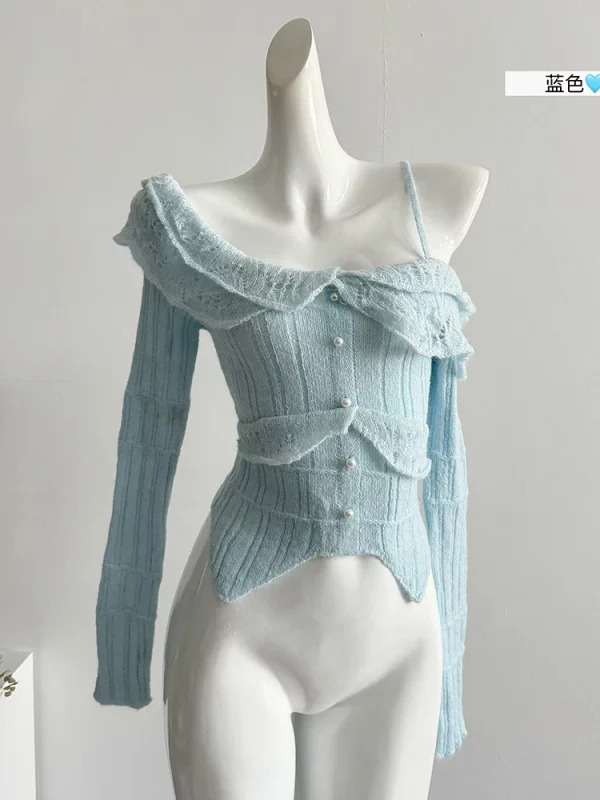 Y2K Grunge Style Off-Shoulder Sweater - Vintage French Design for Women