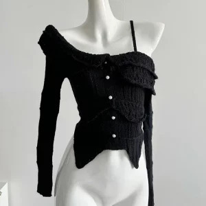 Y2K Grunge Style Off-Shoulder Sweater - Vintage French Design for Women