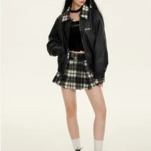 Y2K Grunge Style Oversize Faux Leather Jacket with Plaid Mini Skirt