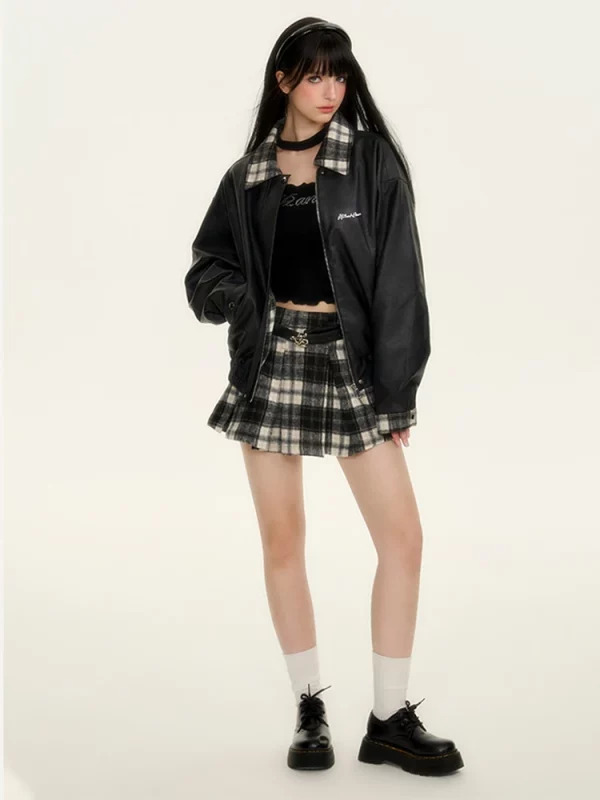 Y2K Grunge Style Oversize Faux Leather Jacket with Plaid Mini Skirt