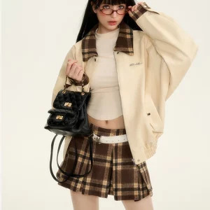 Y2K Grunge Style Oversize Faux Leather Jacket with Plaid Mini Skirt