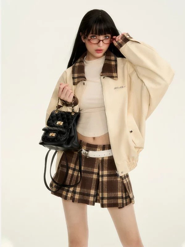 Y2K Grunge Style Oversize Faux Leather Jacket with Plaid Mini Skirt