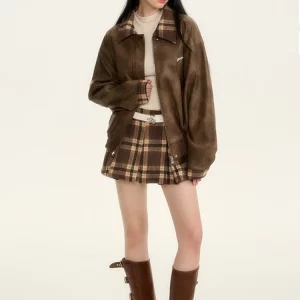 Y2K Grunge Style Oversize Faux Leather Jacket with Plaid Mini Skirt