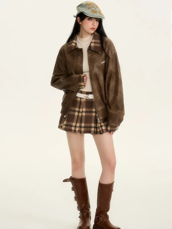 Y2K Grunge Style Oversize Faux Leather Jacket with Plaid Mini Skirt