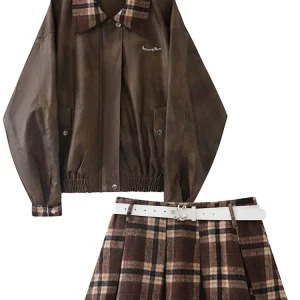 Y2K Grunge Style Oversize Faux Leather Jacket with Plaid Mini Skirt