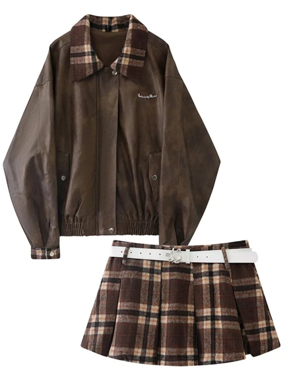 Y2K Grunge Style Oversize Faux Leather Jacket with Plaid Mini Skirt