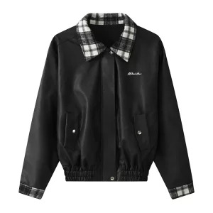 Y2K Grunge Style Oversize Faux Leather Jacket with Plaid Mini Skirt