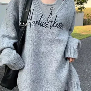 Y2K Grunge Style Oversized Knit Sweater - Vintage 2000s Aesthetic Women's Fashion