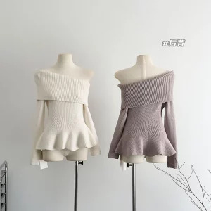 Y2K Grunge Style Slash Neck Jumper - French Vintage Design Pullover for Women