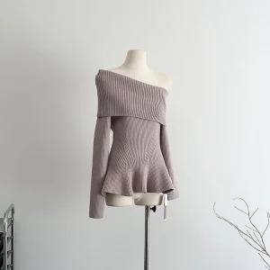 Y2K Grunge Style Slash Neck Jumper - French Vintage Design Pullover for Women