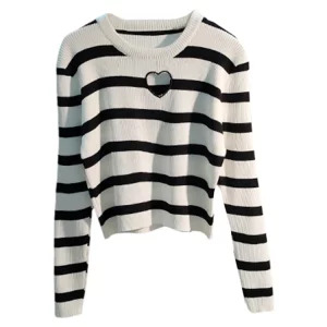 Y2K Grunge Style Striped Knit Pullover - Vintage Long Sleeve Jumper for Women